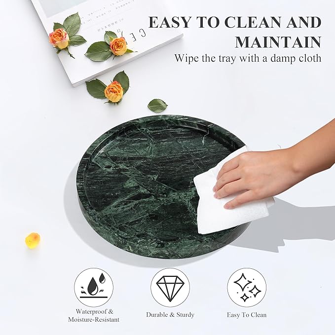 Real Natural Round Marble Tray for Bathroom, Genuine Marble Stone Vanity Tray, Luxury Storage Trays for Kitchen, Vanity, Home Decor, Dresser, Non-Resin/Non-Ceramic, 10"x 1", Green