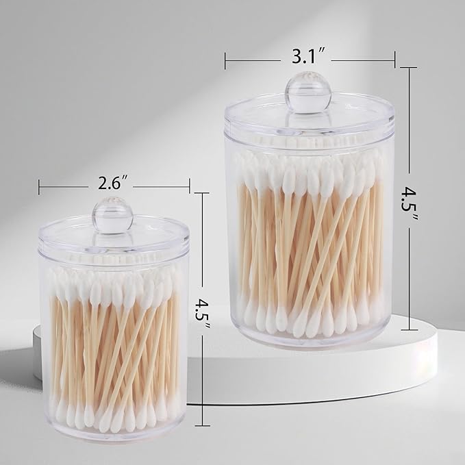 2 Pack Acrylic Qtip Holder Dispenser,Canisters Apothecary Jar Set, Vanity Makeup Bathroom Organizers and Storage Set, 10 and 12 oz