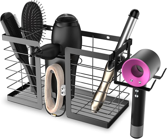 FUNKYLEE Hair Tool Organizer - Hair Dryer Holder, 3 in 1 Metal Bathroom Organizer Wall Mount for Flat Iron, Curling Iron, Straightener, Styling Tools Bathroom Storage and Organizer (Black)