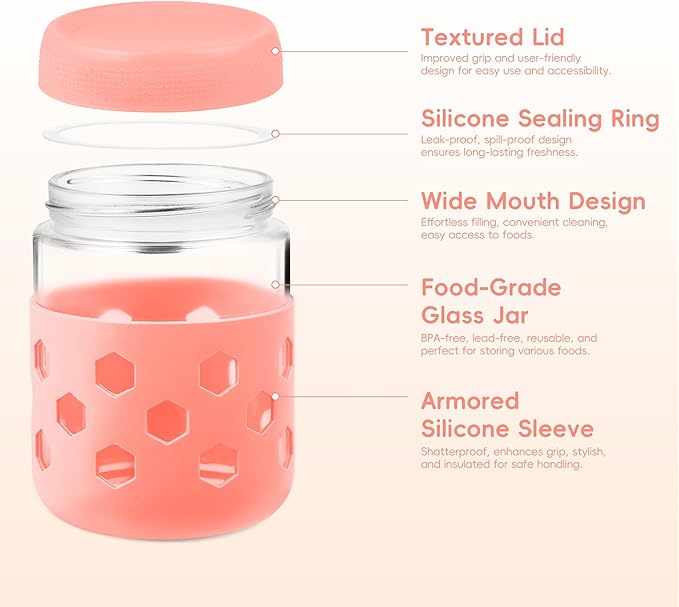 Gemice 6-Pack 16 oz Overnight Oats Containers with Lids and Silicone Sleeves, Glass Mason Jars with Airtight Lid, Dishwasher Safe, Wide Mouth Chia Seed Pudding Meal Prep Jar for Yogurt Berries Snack