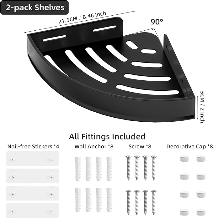 Black Corner Shower Caddy - Rustproof Aluminium Triangle Shower Shelf - No Drill & Drill Installation - 2 Bathroom Shelves Wall Mounted (20LB Capacity/Tier)