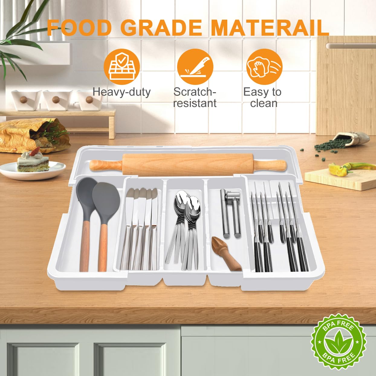 Homecor Large Utensil Organizer for Kitchen Drawer, Expandable Silverware Drawer Organizer Cooking Tray, Cutlery and Flatware Utensil Holder Kitchen Spatula Tools Storage with 3 Dividers, Grey
