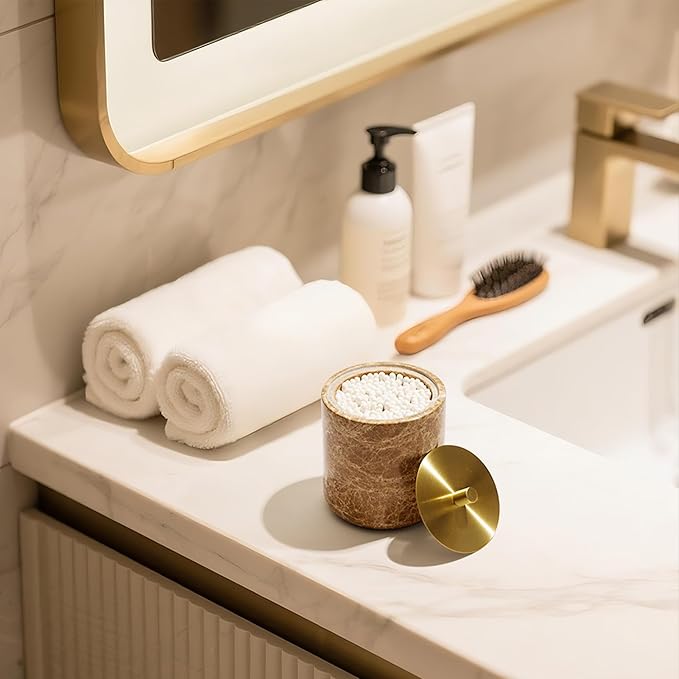 WORHE Marble Qtip Holder with Brass Lid for Cotton Swabs,Balls,Pads,Floss Picks Large Capacity Marble Apothecary Jar for Bathroom Essentials Decor, Vanity Makeup Storage Organizer Light Brown (WH080)