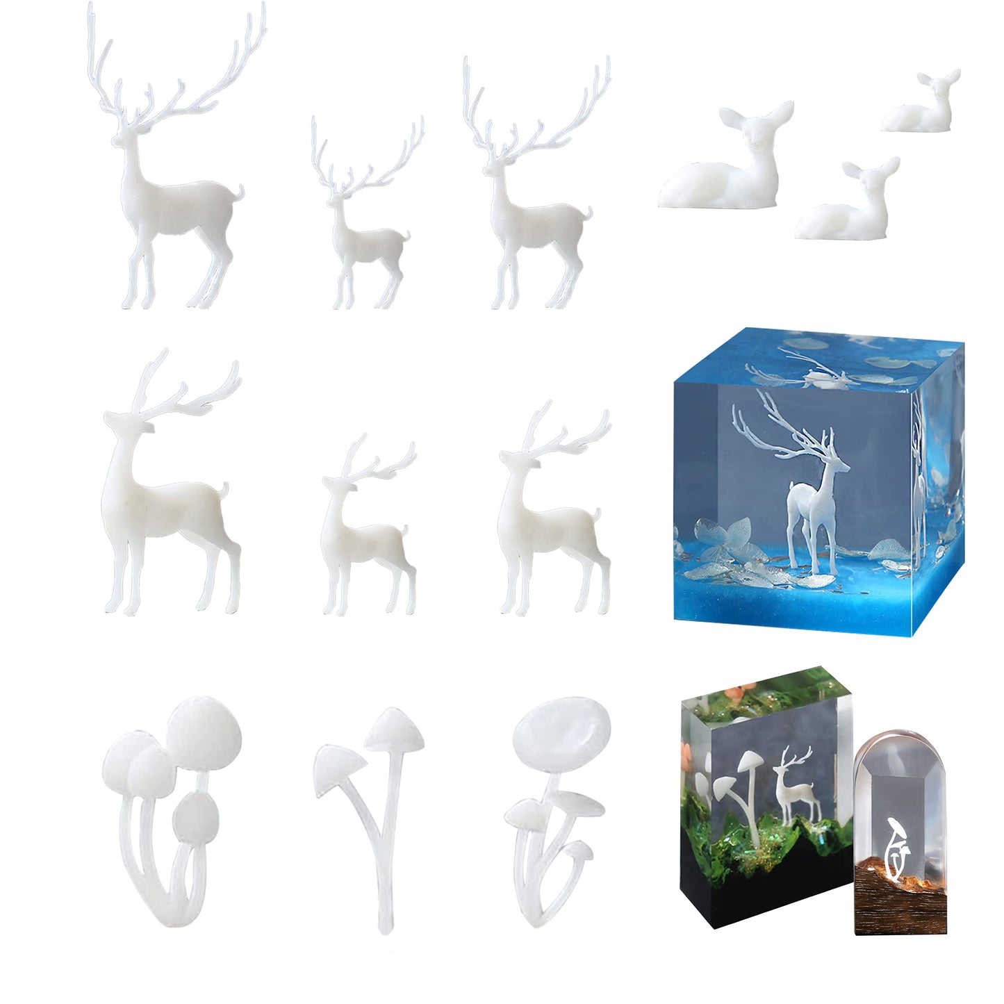 Woohome 12 PCS Mini Elk & Mushroom Resin Casting Moulds, 3D Art Craft Supplies Epoxy Moulds for Jewelry Making