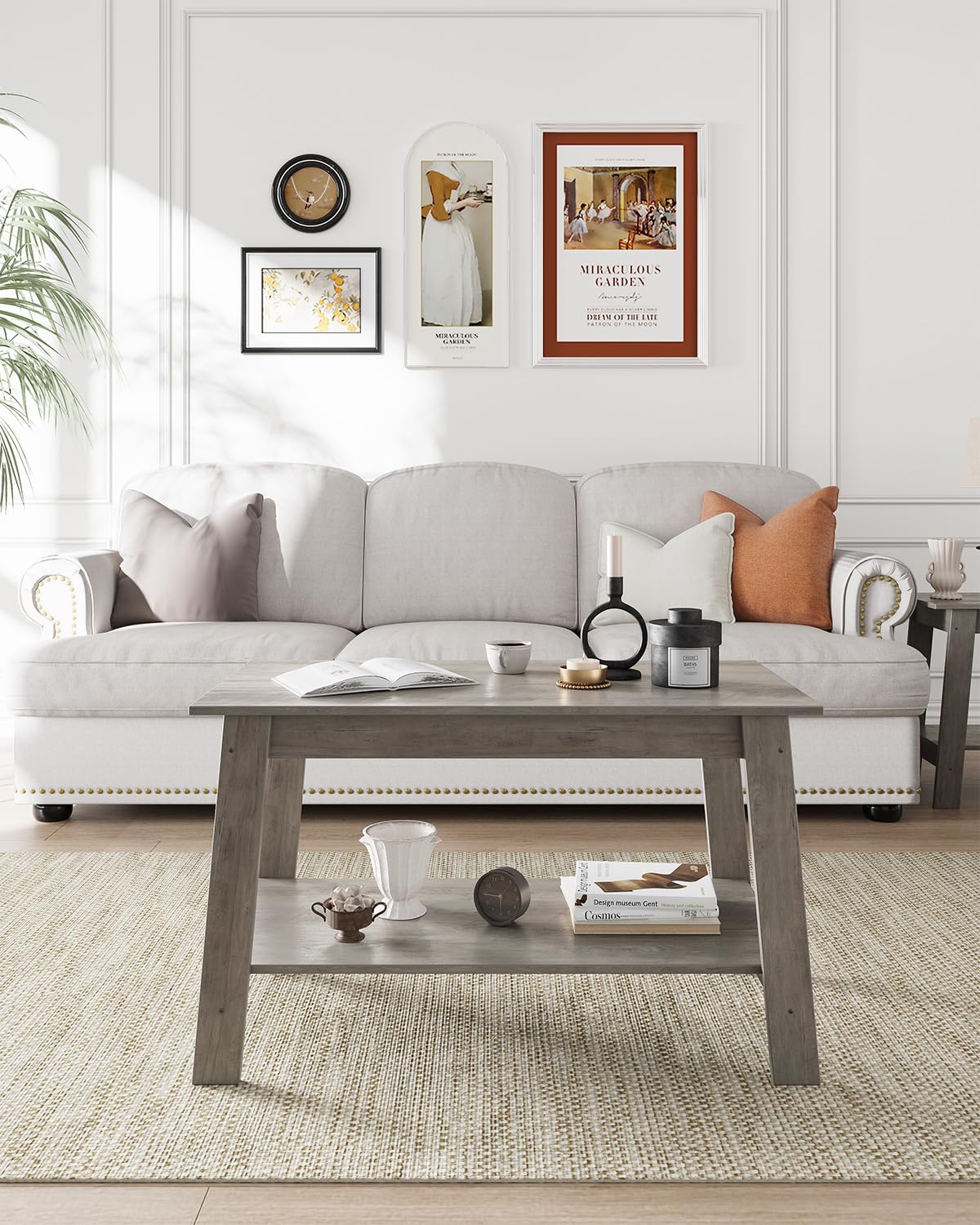 Coffee Table, Coffee Table for Living Room, Modern Farmhouse Coffee Table with Storage Shelf, 2-Tier Living Room Table Rectangular Center Table, Home Office Industrial Cocktail Tables, Grey