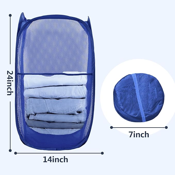 Pop Up Laundry Hamper, Mesh Laundry Basket Collapsible, Foldable Hamper for Travel and Storage (Blue)