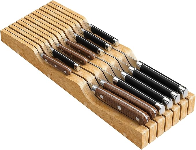 Bamboo In-Drawer Knife Block for 19 Knives(Not Included), Knife Drawer Organizer,Knife Holder Countertop,Block Knife Storage Organizer for Kitchen