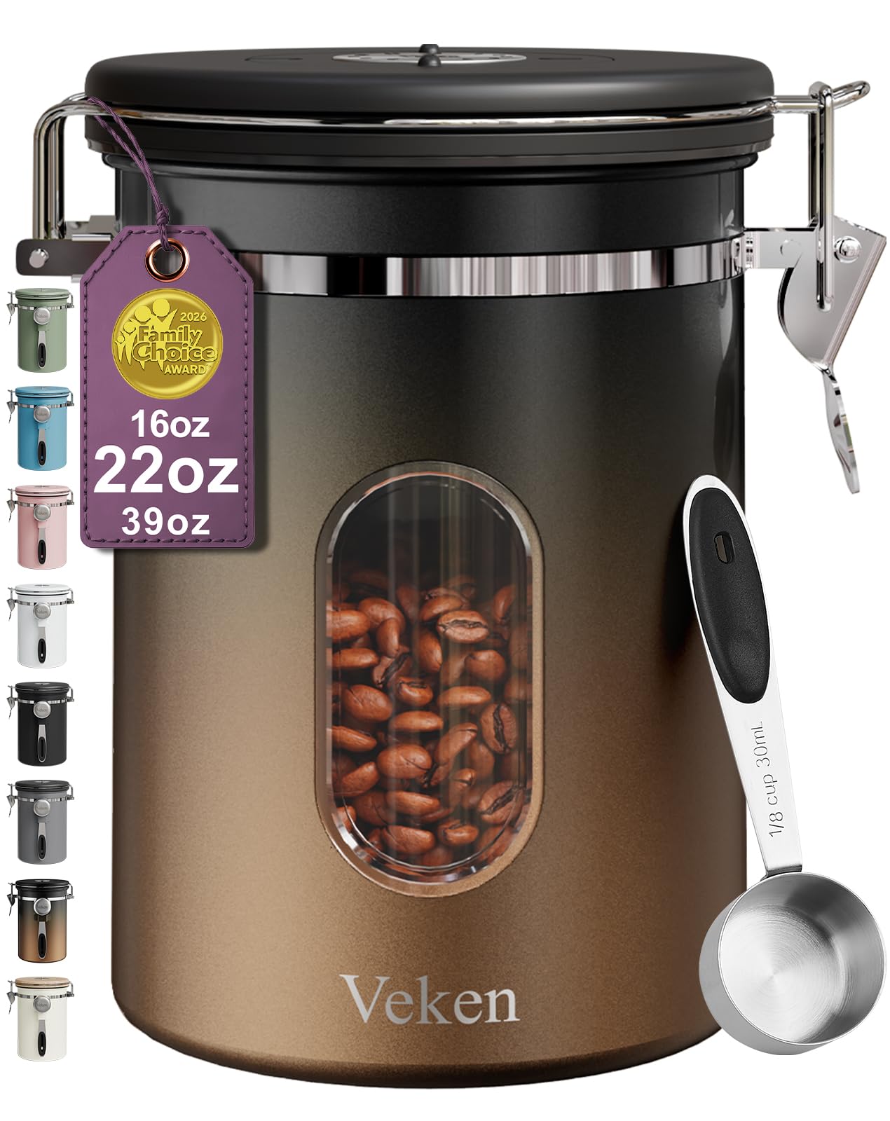 Veken Coffee Canister with Window,Airtight Stainless Steel Container,16OZ