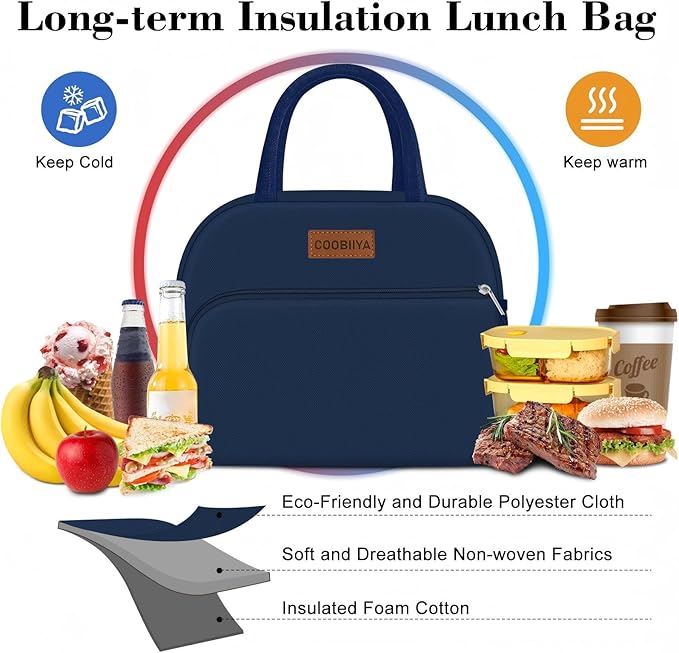 Coobiiya Lunch Bag for Men and Women - Navy Blue, Aluminum, 10.8" x 6.3" x 8.85" - Spacious, Lightweight, and Durable