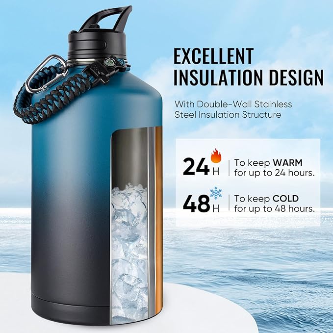 Gallon Water Bottle with 2 Lids (Straw & Spout), 304 Stainless Steel Water Jug with Handle and Wide Mouth, 1 Gallon Vacuum Double Walled Jug for Sports, Outdoors, Blue&Black 128 oz