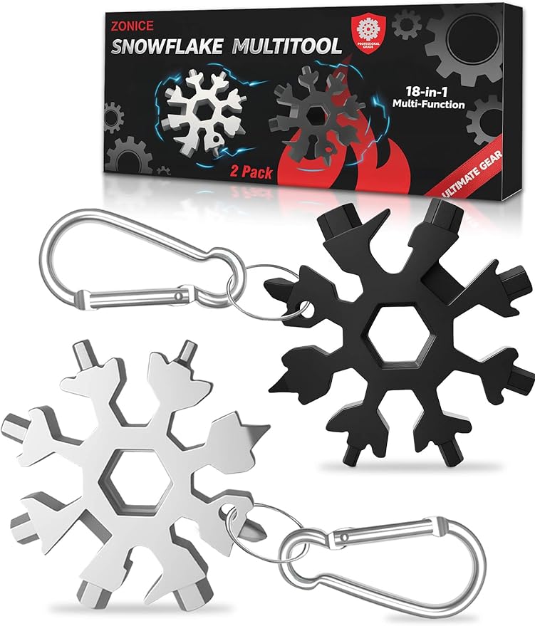 ZONICE 18-in-1 Snowflake Multi Tool – Stainless Steel with Bottle Opener & Wrench,Compact EDC Tool for Camping,Fishing,Hiking, Stocking Stuffers,Gifts for Men,Dad,Husband (Silver)