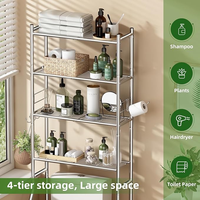 Over The Toilet Storage Cabinet, Metal 4 Tier Bathroom Shelves Over Toilet, Bathroom Oragnizer with 4 Hooks and Paper Holder, Chrome