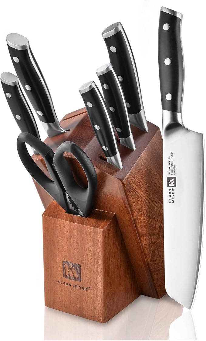 Klaus Meyer Stahl 8-Piece German Steel Kitchen Knife Block Set (White)