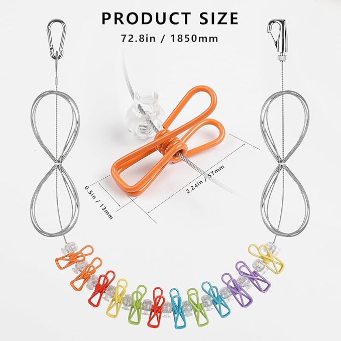 Travel Clothesline Length 9.8Ft with 12 Clothespins, Wire Rope Adjustable Length, Indoor Clothesline, Outdoor Camping Accessories