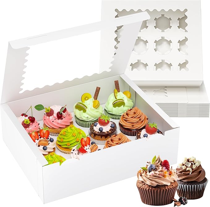 12 Pack Cupcake Boxes, Hold 12 Standard Cupcakes, Cupcake Containers with Window and Inserts, High Grade Cupcake Holder, for Birthday Holiday Party, Supplies for Cupcakes, Desserts and More