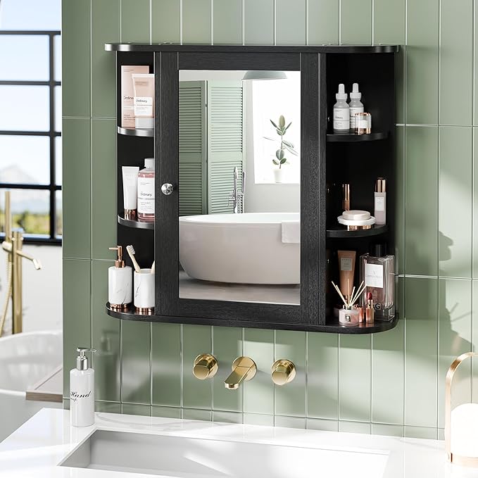 Meilocar Bathroom Mirror Cabinet Wall Mounted, Bathroom Medicine Cabinet with Mirror and 6 Open Shelves, Modern Wall Cabinet, Black
