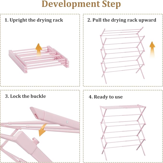 Foldable Drying Rack Clothing, 3-Tier Portable Clothes Drying Racks for Indoor & Outdoor, Anti-Rust Compact Laundry Rack Collapsible, Pink 28" D x 10" W x 35" H