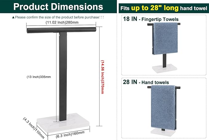 Hand Towel Holder, T-Shape Hand Towel Stand for Bathroom, Hand Towel Rack Bar Standing for Vanity Kitchen Countertop, 304 Stainless Steel, Marble Base (Black)