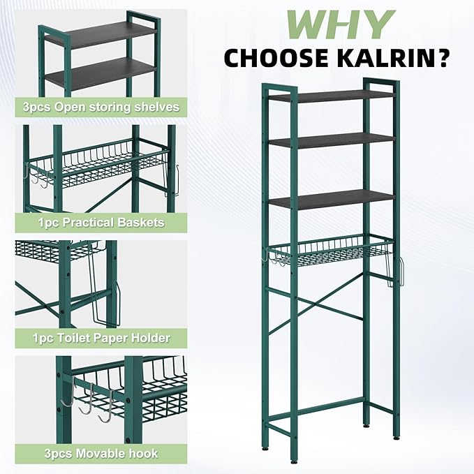 Over-The-Toilet Storage Rack, 4-Tier Bathroom Organizer Shelf Over Toilet with Adjustable Shelf and Basket, Freestanding Space Saver Bathroom Shelves Above Toilet for Room (Green- Black)