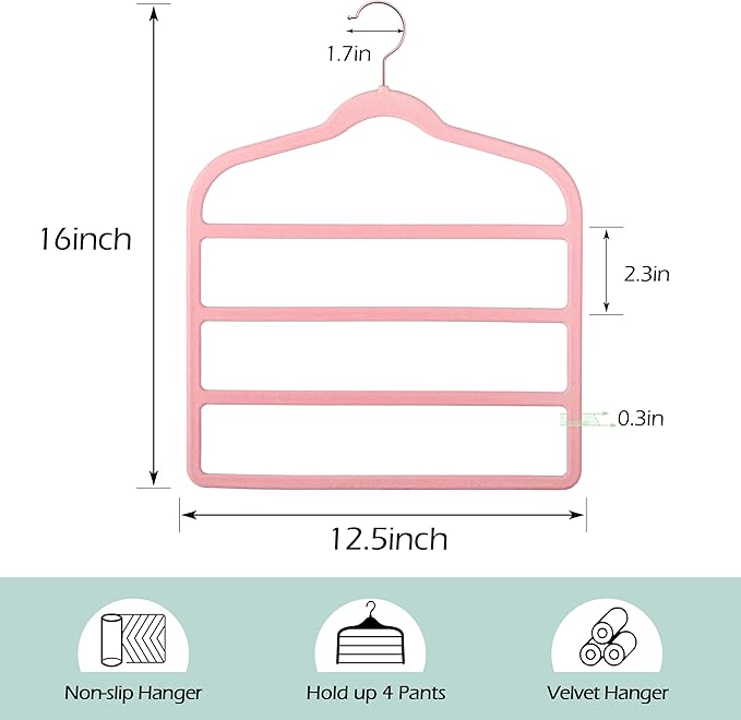 Velvet Pants Clothes Hanger Space Saving Non Slip Pants Shorts Hanger, Myfolrena Jeans Slack Trousers Hangers Multiple Velvet Hanger Closet Storage and Organization for Jeans,Scarf,Tie(Pink, 5)