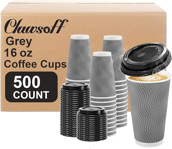 Clawsoff 500 Pack 16 oz Disposable Insulated Coffee Cups with Lids Gray