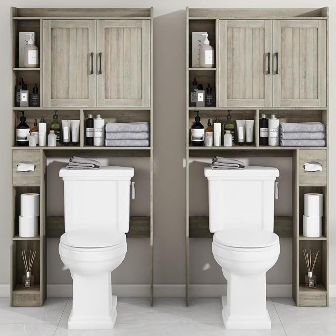 Farmhouse Storage Cabinet Over Toilet with 2 Barn Doors & Toilet Paper Holder Stand, Space-Saving Bathroom Rack