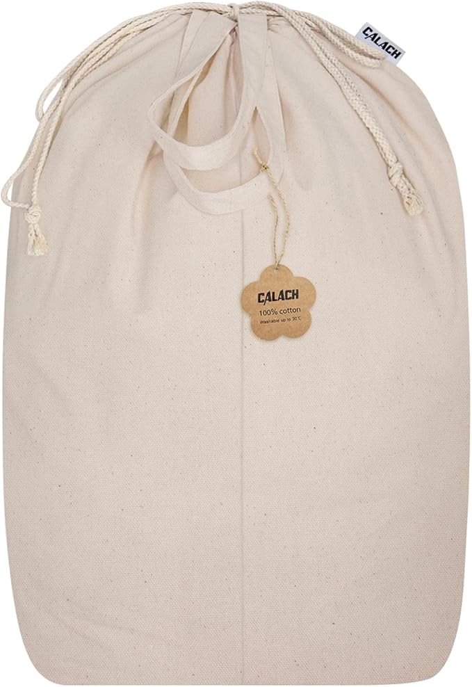 Cotton Canvas Laundry Bags with Handles & Square Base 16"Lx16"Wx27.6"H, Extra Large Heavy Duty Laundry Basket Hamper Liner, Washable Drawstring Dirty Clothes Bag Cotton Storage Sack (Natural,1 Pack)