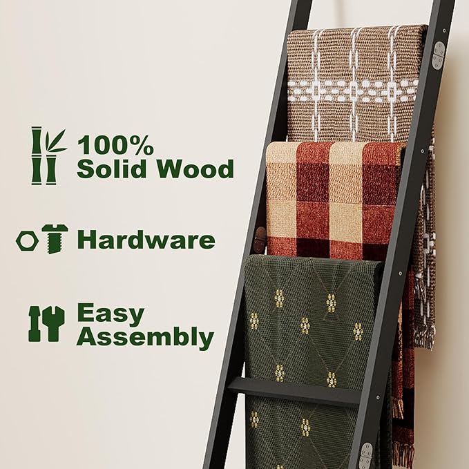 Bamboo Towel Rack 6-Tier Blanket Ladder for Living Room, Bedroom, Bathroom Space-Saving Decorative Ladder for Quilts, Towels and More Black