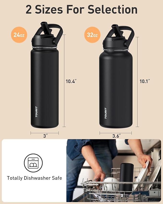 TOURIT 24 oz Insulated Water Bottle, Stainless Steel Water Bottles With Straw, Double Wall Vacuum Insulation for Cold and Hot Drinks, Leak Proof BPA Free Water Flask for Sports and Travel, Black