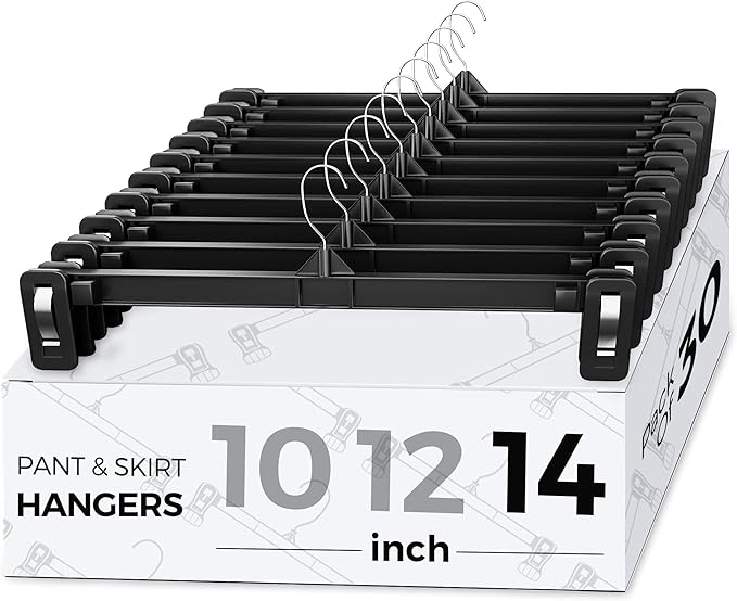 Smartor Plastic Pants Hangers - 30 Pack, Black Pant Hanger, Shorts Hangers with Non-Slip Clips, Dress, Heavy Duty Hanger for Trouser, Slack, Skirt, Demin Jean, Dress - 14 Inch