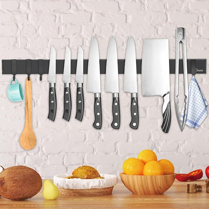 Dmore magnetic knife holder for wall—with 2 hooks, No Drilling 20 Inch walnut knife magnetic strip, Powerful knife magnet rack, include Adhesive Tape and screws for Knives, Utensils, and Tools