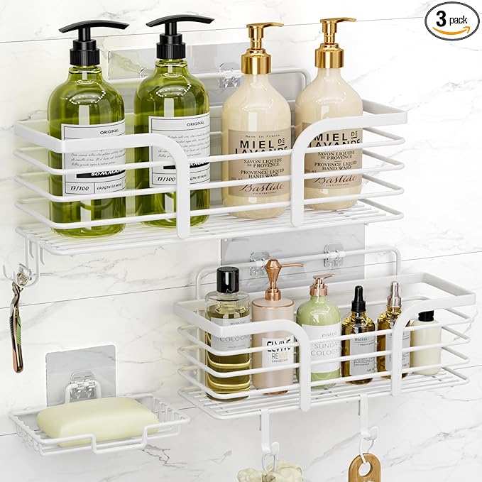 Yougai Shower Caddy, Shower Organizer with Soap Holder and Hooks, Rustproof Shower Shelves, No Drilling Bathroom Organizers and Storage, Wall-Mounted Kitchen & Home Decor (White)