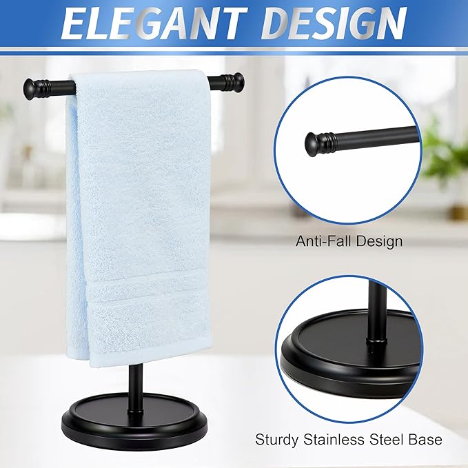 Hand Towel Holder Stand, Free Standing Towel Rack Stand with Stainless Steel Base, Rust-Proof Towel Bar for Bathroom Kitchen Countertop (Black)