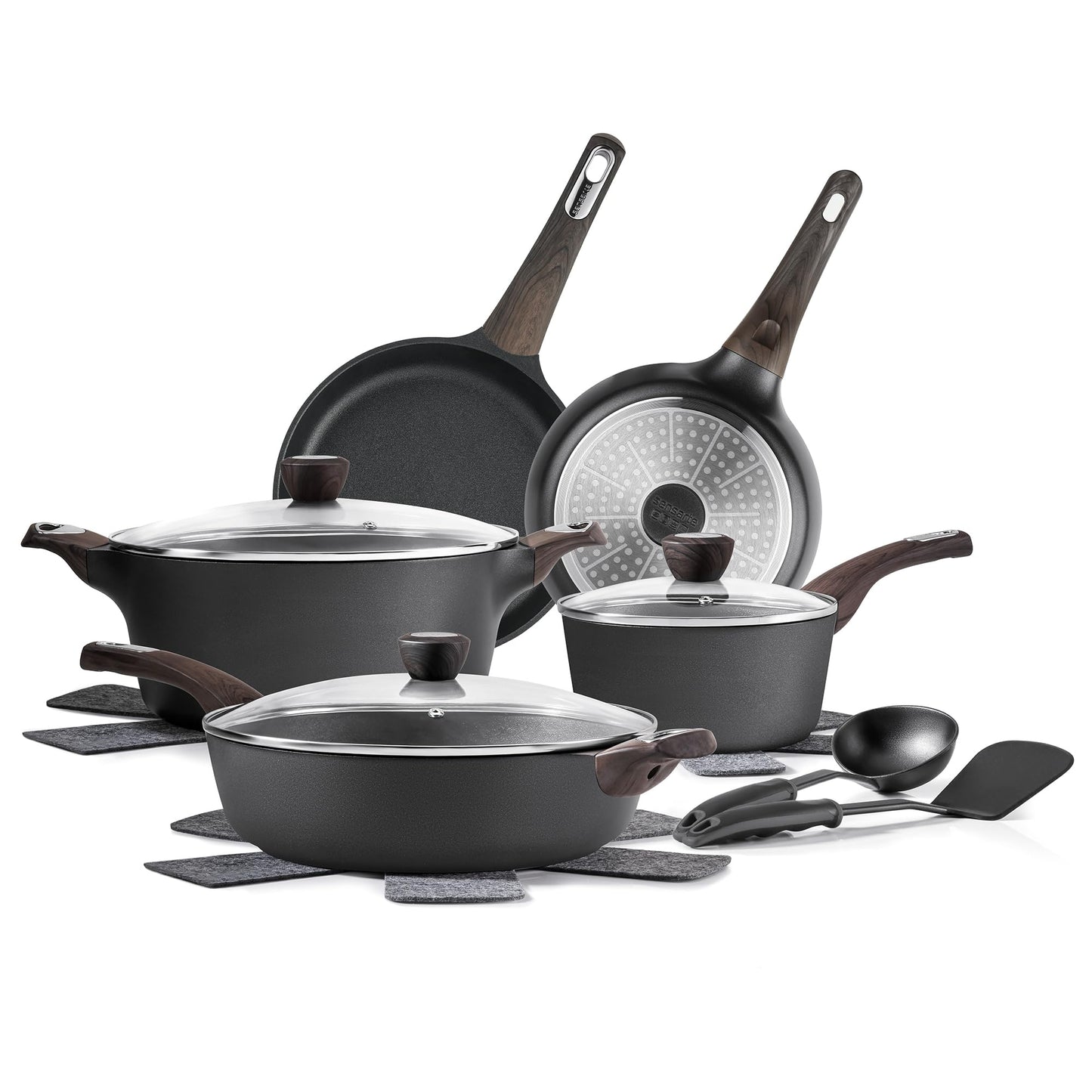 SENSARTE Pots and Pans Set Non stick, Non toxic Healthy Induction Cookware Sets, 14 Pcs Non Stick Kitchen Cooking Set with Frying Pans Set & Saucepan, PFOA PFOS Free, Black