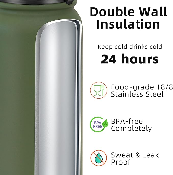 Fanhaw 32 oz Insulated Stainless Steel Water Bottle with Anti-Dust Chug Lid, Leakproof Vacuum Sports Bottle for Men & Women (Olive Green)