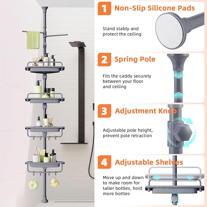 32-122inch Corner Shower Caddy Tension Pole Grey, Rustproof Drill-Free Shower Shelves for Bathroom Bathtub Washbasin, Adjustable Shower Organizer with 4 Tier Patent Stable Shelves & Towel Bars