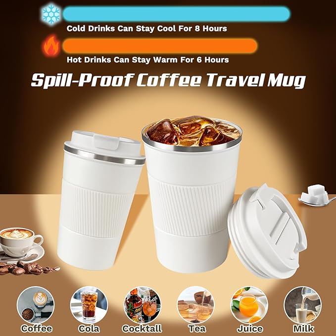 Vacuum-Insulated Stainless Steel Travel Coffee Mug, Leak-Proof Reusable Coffee Cup with Lid - Keep Hot & Cold Drinks for Hours, Durable Insulated Tumbler for Men & Women(3rd-White, 17OZ)