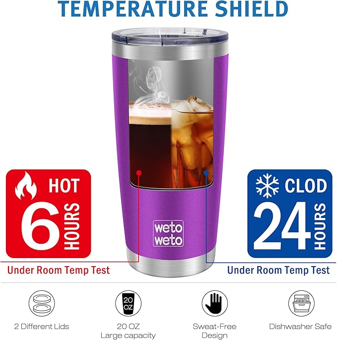 WETOWETO 20oz Tumbler with 2 lids and 2 straws, Stainless Steel Vacuum Insulated Water Coffee Tumbler Cup, Double Wall Powder Coated Spill-Proof Travel Mug Thermal Cup (Purple, 1 Pack)