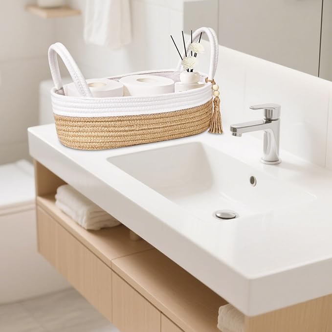 ABenkle Small Storage Basket for Toilet Tank Top - Jute Rope Woven Organizer with Handle, Boho Countertop Bathroom Decor, Toilet Paper Holder, 13x6x4 Inch