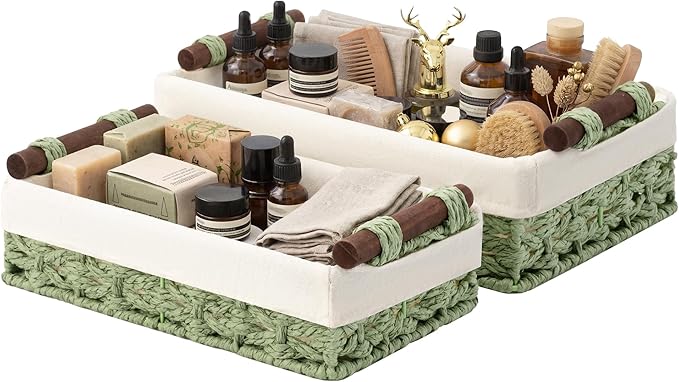StorageWorks Small Baskets for Organizing with Handles and Liner, Wicker Toilet Paper Basket for Back of Toilet, Green Paper Rope Bathroom Basket Organizer and Storage for Sage Green Decor, 2 Pack