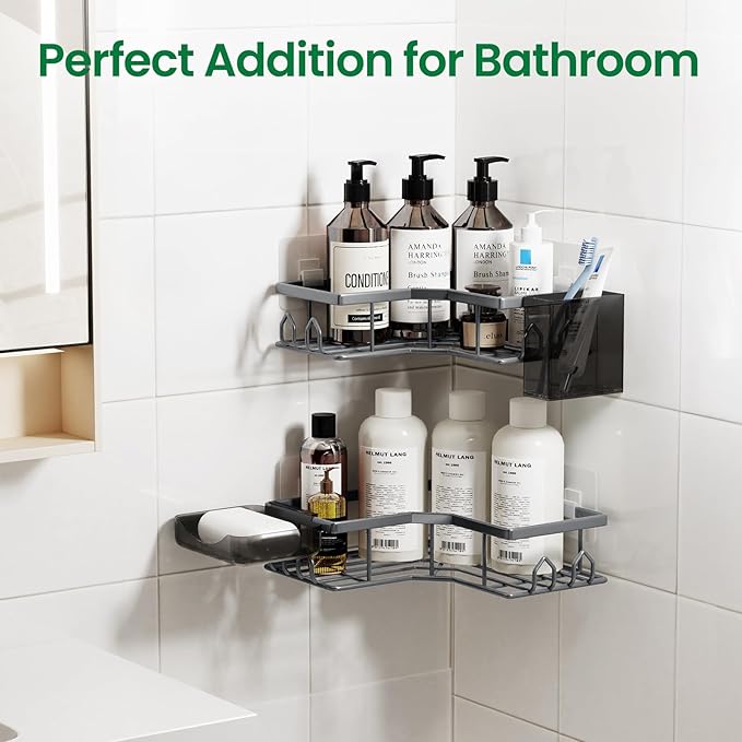Adhesive Shower Caddy, 6 Pack Corner Bath Organizer, Rustproof Stainless Steel Shower Shelves with Large Capacity, No Drilling Shelves for Bathroom Storage, Home, Kitchen Decor (Dark Grey).