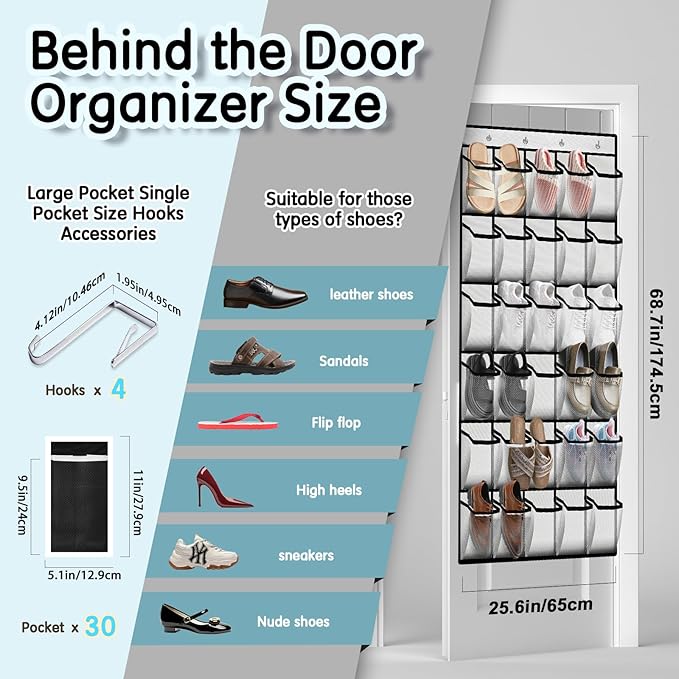 Over the Door Shoe Organizer with 30 Breathable Mesh Pockets - Large Capacity Closet Storage for Men & Women, Hanging Shoe Rack Organizer (2PC-White)