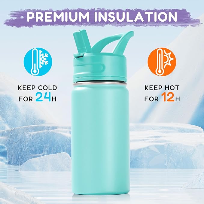12oz Kids Water Bottle for School, Toddler Bottles with Straws, Stainless Steel Vacuum Insulated Water Bottle for Boys&Girls, Leak-Proof, BPA-Free, Green