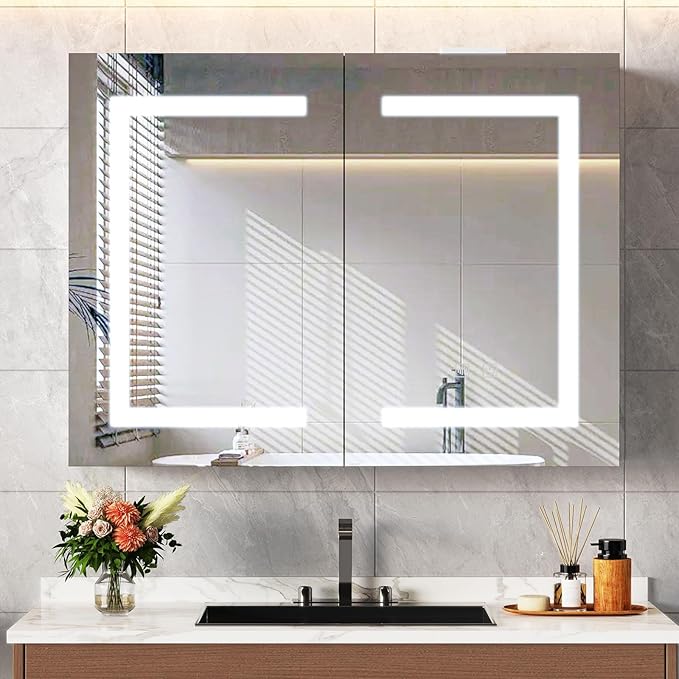 Snughome Bathroom Medicine Cabinet with Mirror and LED Lights, Wall Mount Bathroom Mirror with Storage, Anti-Fog, Built-in Power Outlets, Dimmable 3 Color Temp, Antirust Easy to Install, 31.5" x 23.6"
