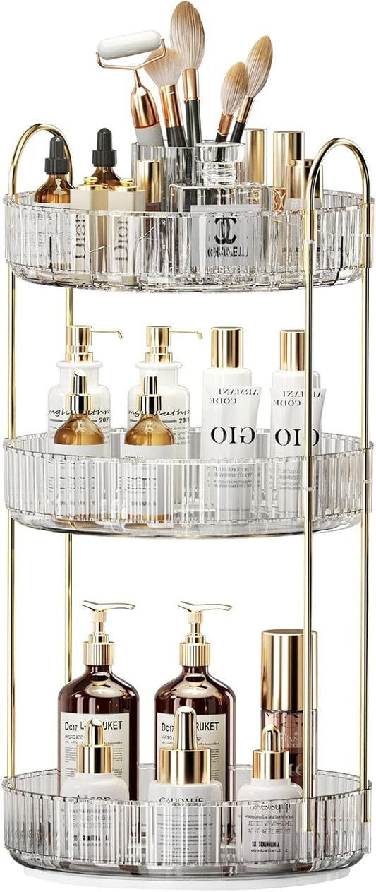 360° Rotating Makeup Organizer, Large-Capacity Skincare Make Up Storage 3 Tier Perfume Organizers Cosmetic Dresser Organizer with Makeup Brush Holder, Fits Bedroom, Bathroom, Vanity Shelf Countertop