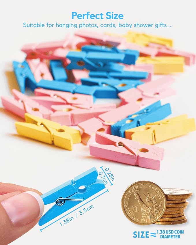 Blue Clothes Pins for Baby Shower, Mini Wooden Clothespins 1.4 Inch 50 PCS, Colored Tiny Clips Close Pin for Classroom Crafts Project Decorations Hanging Artwork Display Pegs
