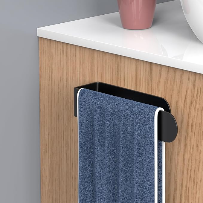 HUFEEOH 2 Pack Adhesive Hand Towel Holder, Sticky Towel Bar Towel Holder Wall Mounted, Stainless Steel Kitchen Towel Holder Hand Towel Rack for Bahtroom Hotel RV Kitchen (Black)