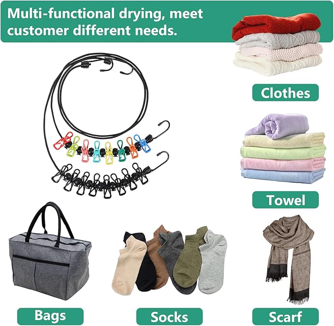 Retractable Portable Clothesline for Travel,2 Packs of Portable Clothesline with 8 clothespins,2 Packs of Disposable Compressed Towels,Suitable for Indoor Clothesline, Outdoor Camping Accessories