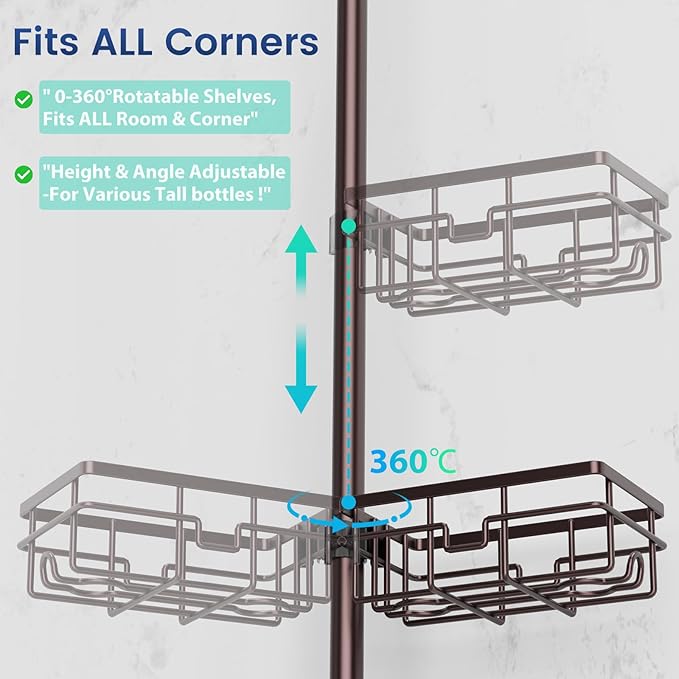 Mixoo Corner Shower Caddy Tension Pole - Adjustable 30 to 120 Inch Shower Organizer with 6 Shelves, Towel Rack, Toothbrush Holder, Soap Dish, Bathroom Corner Storage for Shower, Bathtub (Bronze)