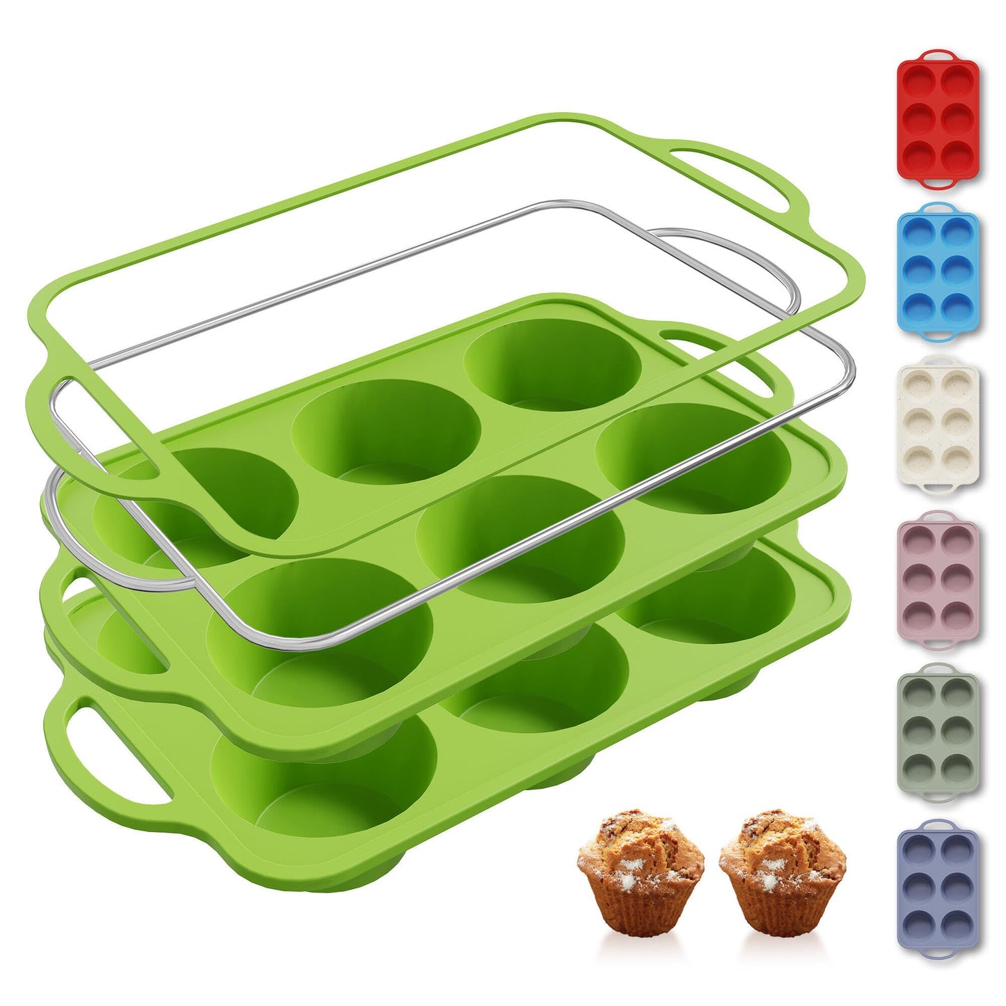 2 Packs 12 Cups Silicone Muffin Pan for Baking with Metal Reinforced Frame Regular Size Cupcake Pan Tray Chocolate Egg Pizza Bites Oven Top Cookie Molds Muffin Tin Tart Pans Sheet Set Bakeware Liner